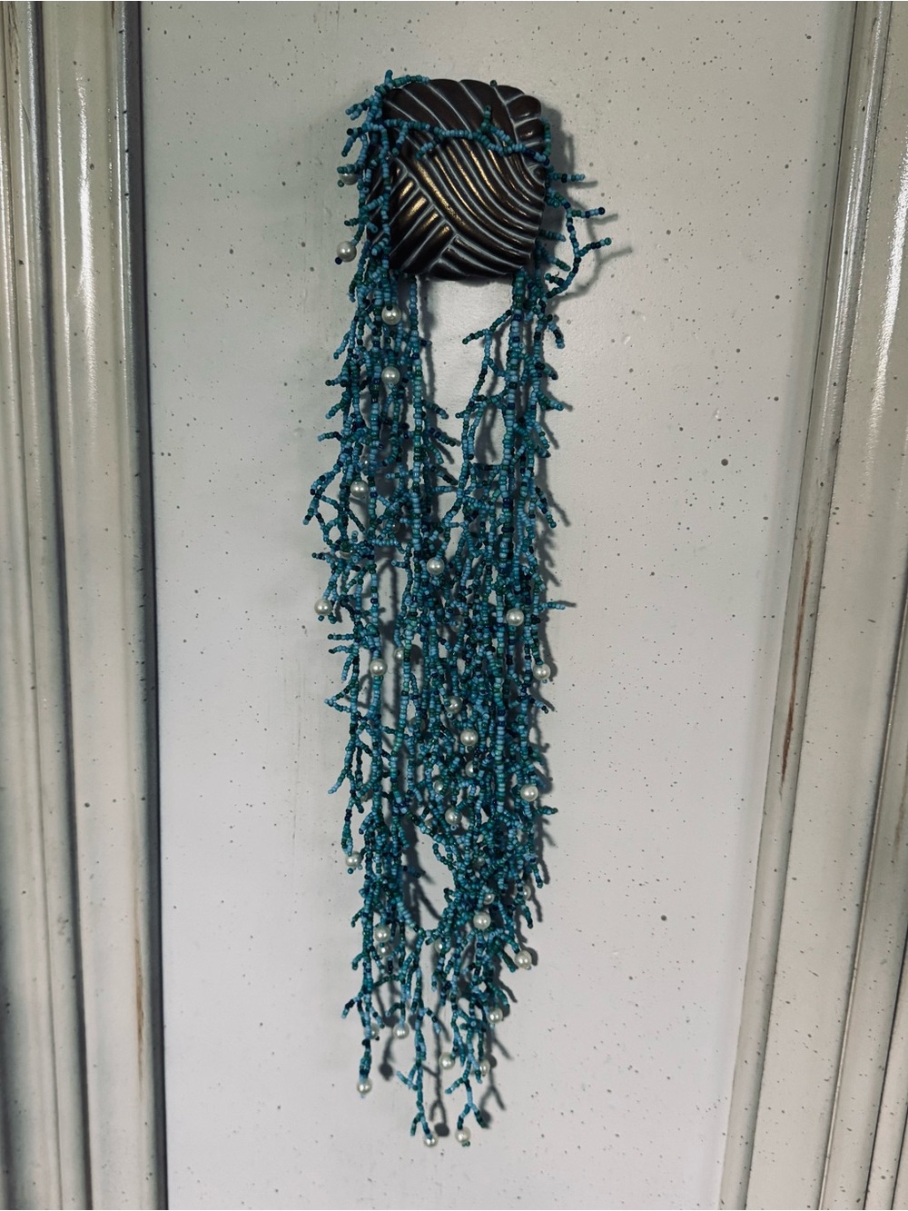 Beaded Teal Multi-Strand Statement Necklace coral looking with pearls.